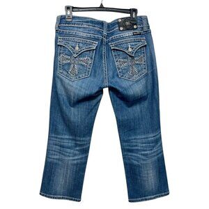 Miss Me Womens Cross Embellished Capri Jeans Medium Wash Stretch Denim Size 30‎